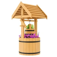 Outsunny Wood Wishing Well Outdoor Wooden Planter with Hanging Bucket and Drainage Hole for Garden, Patio, Backyard, Orange(m-9)