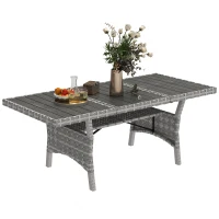 Outsunny 75" Outdoor Dining Table for 6-8, Wicker Patio Table with Storage Shelf and WPC Slatted Top for Balcony, Grey(m-9)