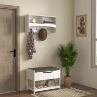 HOMCOM Wall Mounted Coat Rack with Shoe Storage Bench, Hall Tree and Bench, Clothes Hanger Rack with Shelves for Hallway White(m-1)