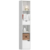 HOMCOM 6-Tier Bookcase, Tall Narrow Bookshelf with Drawer and Door, White(m-9)