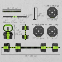 Soozier 6-in-1 Adjustable Dumbbell Set, Used as Kettlebell, Barbell, Dumbbell, Push-Up Stand, 44lbs Free Weights Set, Green(m-3)