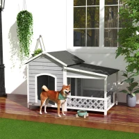PawHut Wooden Dog House Outdoor with Porch, Cabin Style Raised Dog Shelter with Asphalt Roof, Doors, and Shutter Window, for Medium Large Sized Dog, Light Gray(m-10)