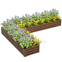 Outsunny L-Shaped Raised Garden Bed, 82" x 109" x 12" Galvanized Steel Planter Box with Multi-reinforced Rods for Vegetables, Flowers and Herbs, Dark Brown Wood Effect(m-9)