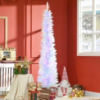 HOMCOM 7' Prelit Christmas Trees, Pencil Artificial Christmas Tree with Colourful Surface Tips, Colourful LED Lights, White(m-1)