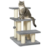 PawHut Cat Stairs with 2 Sisal Scratching Post for High Bed Couch, Adjustable 3-Tier Pet Stairs, White & Grey(m-9)