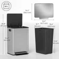 HOMCOM Trash Can with Soft-Close Lid, Garbage Can with Removable Inner Bucket for Kitchen 13.2 gal/50 L, Silver(m-3)