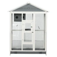 PawHut 64.5" Wooden Bird Cage Aviary, Flight Cage with 4 Perches, Nest and Slide-Out Tray for Indoor/Outdoor, Gray(m-15)