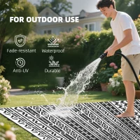 Outsunny Reversible Outdoor Rug, Waterproof Plastic Straw with Carry Bag, 9' x 18', Black & White Geometric Wall(m-6)