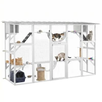 PawHut Large Outdoor Catio with Condos, Platforms, Doors, Ladders, Weather-Resistant Roof, White(m-9)