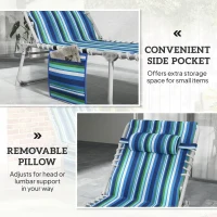 Outsunny Tanning Chair Set of 2 with Face Hole and Side Table, 5-Position Folding Outdoor Chaise Lounge Chair, Blue Stripe(m-9)