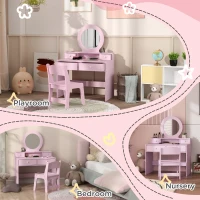 Qaba Kids Vanity Set, Children Makeup Table with Mirror, Stool and Storage Drawers, for Ages 3-8, Pink(m-7)