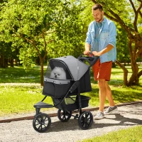 PawHut 3 Wheel Folding Dog Stroller, Travel Carrier with Adjustable Canopy, Storage Brake, Mesh Window for S&M Dogs Grey(m-1)