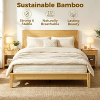 HOMCOM Queen Size Bamboo Platform Bed Frame with Headboard and 12 Poplar Slats, No Box Spring Needed, Easy Assembly, Natural(m-4)