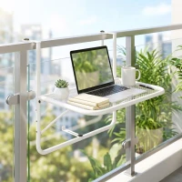 Outsunny Adjustable Balcony Hanging Railing Table, Metal Mounting Mini Wall Desk Storage Rack, Outdoor Flower Stand Serving Table Rectangle, White(m-1)