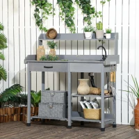 Outsunny Potting Bench Table, Outdoor Garden Table Wooden Work Station with Removable Sink, Faucet, Drawer, Shelves, Hooks, Gray(m-2)