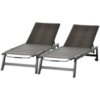Outsunny 2 Pieces Patio Lounger Chair Set, Outdoor Aluminum Frame PE Rattan Wicker Sun Lounger Set w/ 5-Position Backrest and Wheels for Sun Room, Garden, Poolside, Dark Brown(m-11)