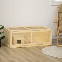 PawHut Small Animals Kit Hutch w/ Sliding Tray, Exercise Play House for Dwarf Hamsters, Gerbils, Chinchillas, Natural Wood(m-1)
