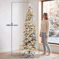 HOMCOM 6ft Prelit Flocked Christmas Tree, Downswept Pencil Hinged Xmas Tree with LED Lights, 8 Modes, Daily Timer, Remote(m-3)