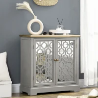 HOMCOM Farmhouse Sideboard Buffet Cabinet, Kitchen Storage Cabinet, Accent Cabinet with Double Glass Doors and Solid Wood Countertop for Kitchen, Living Room, Gray(m-2)