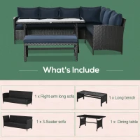 Outsunny 4 Pieces Patio Wicker Dining Sets, Outdoor PE Rattan Sectional Conversation Set with Cushions & Dining Table, Bench for Garden, Backyard, Lawn, Navy Blue(m-7)