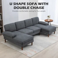 HOMCOM U Shape Couch with Double Chaise Lounge, Modern 4 Seater Sofa with Wooden Legs, Fabric Sofa for Living Room, Dark Grey(m-4)
