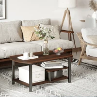 HOMCOM Vintage Industrial Coffee Table with Under-Top Storage Shelves and Rounded Corners, Dark Wood Color(m-2)