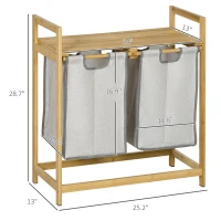 HOMCOM Bamboo Laundry Basket, Double Laundry Hamper with Shelf, 2 Pull-Out and Removable Bags, Natural Wood and Dark Gray(m-3)