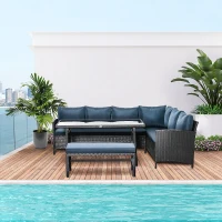 Outsunny 4 Pieces Patio Wicker Dining Sets, Outdoor PE Rattan Sectional Conversation Set with Cushions & Dining Table, Bench for Garden, Backyard, Lawn, Navy Blue(m-3)