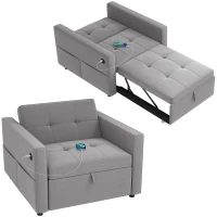 HOMCOM Convertible Chair Bed, Pull Out Sleeper Chair with USB, Adjustable Backrest, Small Velvet Futon Sofa Bed, Grey(m-9)