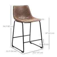 HOMCOM Counter Height Bar Stools Set of 2, Vintage PU Leather Bar Chairs, Kitchen Stools w/ Footrest for Home Bar, Brown(m-3)