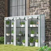 Outsunny 84.6" x 18.1" x 56.7" Lean-to Mini Greenhouse, 3-Tier Shelves, 3 Roll-Up Doors, PE Cover, White(m-10)