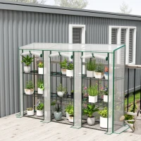 Outsunny 84.6" x 18.1" x 56.7" Lean-to Mini Greenhouse, 3-Tier Shelves, 3 Roll-Up Doors, PE Cover, White(m-2)