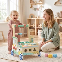 Qaba Wooden Baby Walker for 1-3 Year, Montessori Inspired Push Along Walker Toys, Multifunctional Activity Centre(m-8)