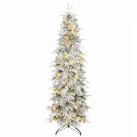 HOMCOM 7ft Prelit Flocked Christmas Tree, Artificial Pencil Hinged Xmas Tree w/ Slim Downswept Shape, 350 Warm White LED Lights, 8 Modes, Daily Timer, 800 Tips, Remote, Green White(m-2)