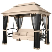 Outsunny 3-Seat Patio Swing Chair, Outdoor Gazebo Swing with Double Tier Canopy, Mesh Sidewalls, Cushioned Seat and Pillows, Beige(m-11)