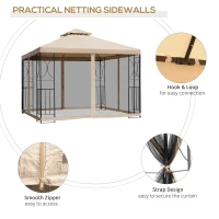 Outsunny 10' x 10' Patio Gazebo with Corner Shelves, Outdoor Gazebo Canopy Shelter with Netting, and Vented Roof, for Garden, Lawn, Backyard and Deck(m-5)