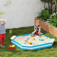 Qaba Kids Sandbox with 4 Corner Seats, Bottom Liner for Backyard, Garden, Outdoor, 52" x 52" x 6", Blue(m-2)