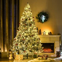 HOMCOM 7.5' Artificial Snow Christmas Trees with Frosted Branches, Warm White or Colorful LED Lights, Steel Base(m-10)