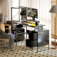 HOMCOM 56" Computer Desk with Storage, Computer Table with Power Outlets and LED Lights, Black(m-9)