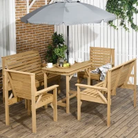 Outsunny 5 Piece Wooden Patio Dining Set for 6, Outdoor Conversation Set with 2 Armchairs, 2 Loveseats, and Dining Table with Umbrella Hole for Backyard, Garden, Light Brown(m-2)