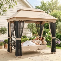 Outsunny 3-Seat Patio Swing Chair, Outdoor Gazebo Swing with Double Tier Canopy, Mesh Sidewalls, Cushioned Seat and Pillows, Beige(m-8)