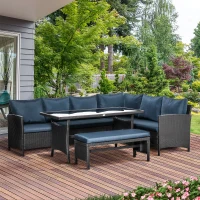 Outsunny 4 Pieces Patio Wicker Dining Sets, Outdoor PE Rattan Sectional Conversation Set with Cushions & Dining Table, Bench for Garden, Backyard, Lawn, Navy Blue(m-17)