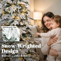 HOMCOM 6ft Prelit Flocked Christmas Tree, Downswept Pencil Hinged Xmas Tree with LED Lights, 8 Modes, Daily Timer, Remote(m-6)