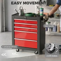HOMCOM Lockable Tool Cabinet, 5-Drawer Rolling Tool Chest with 4 Universal Wheels, Black and Red(m-6)