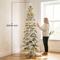 HOMCOM 7ft Prelit Flocked Christmas Tree, Artificial Pencil Hinged Xmas Tree w/ Slim Downswept Shape, 350 Warm White LED Lights, 8 Modes, Daily Timer, 800 Tips, Remote, Green White(m-3)