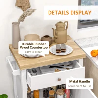 HOMCOM Kitchen Cart on Wheels, Rolling Kitchen Island Cart with Wood Top, Towel Rack, Drawer and Shelf for Dining Area, White(m-6)