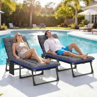 Outsunny Folding Chaise Lounge Chair Outdoor Tanning Chair Set of 2 with 5-Position Backrest, Cushions, Side Pocket, Gray/Blue(m-10)