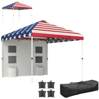 Outsunny 10' x 10' Pop Up Canopy Tent w/ Sidewall, Height Adjustable Instant Sun Shelter w/ Storage Pockets, American Flag Print(m-11)
