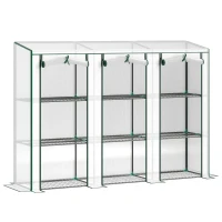 Outsunny 84.6" x 18.1" x 56.7" Lean-to Mini Greenhouse, 3-Tier Shelves, 3 Roll-Up Doors, PE Cover, White(m-1)