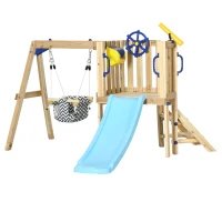 Outsunny Swing Set for Backyard, Wooden Toddler Outdoor Playset with Baby Swing Seat, Kids Slide, Fort, Natural(m-13)